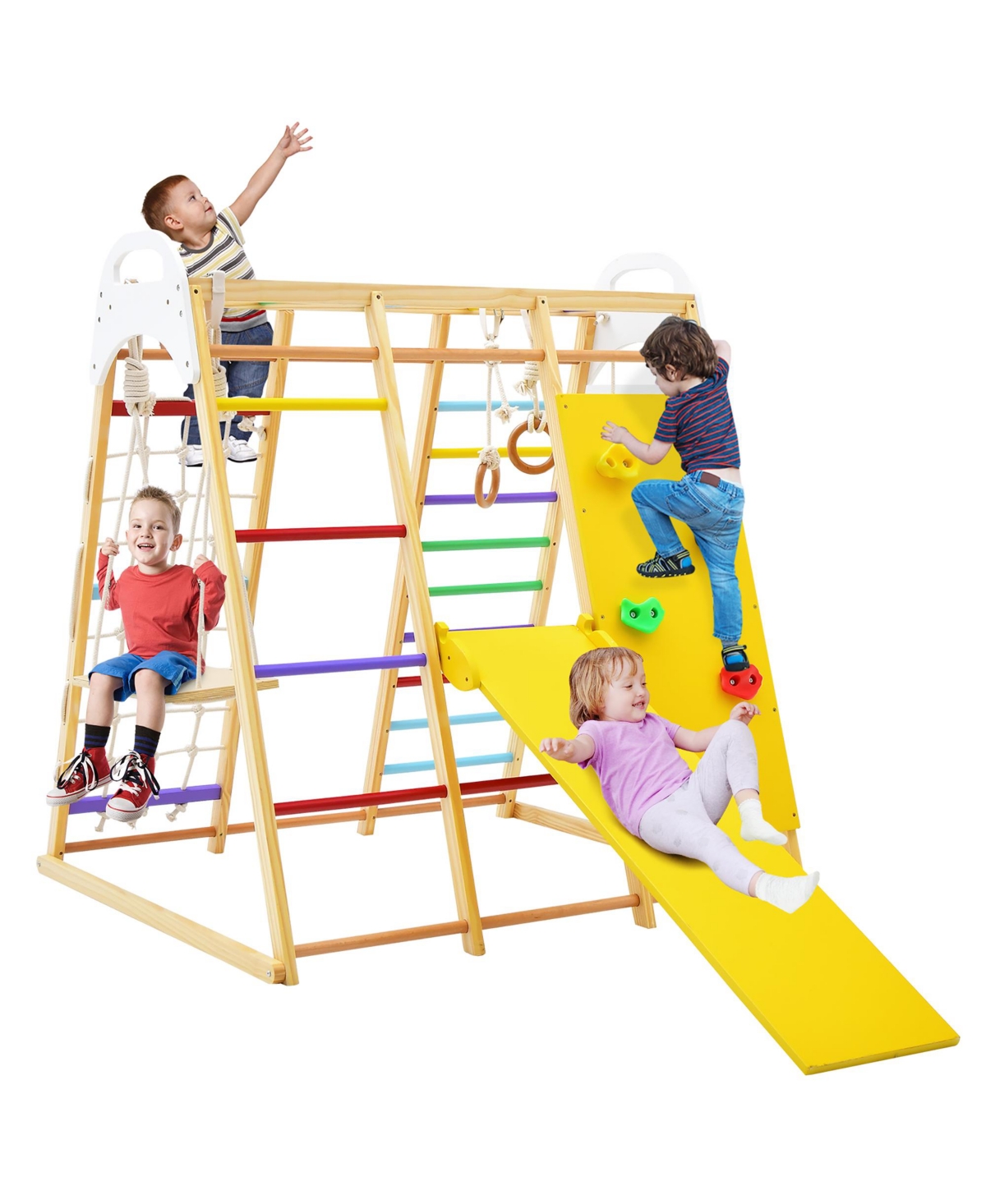 Costway 8-in-1 Jungle Gym Playset, Wooden Climber Play Set with Monkey Bars