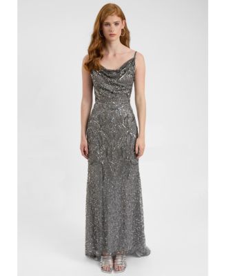 Women's Embellished Sequin Beaded Maxi Dress With Cowl Neck
