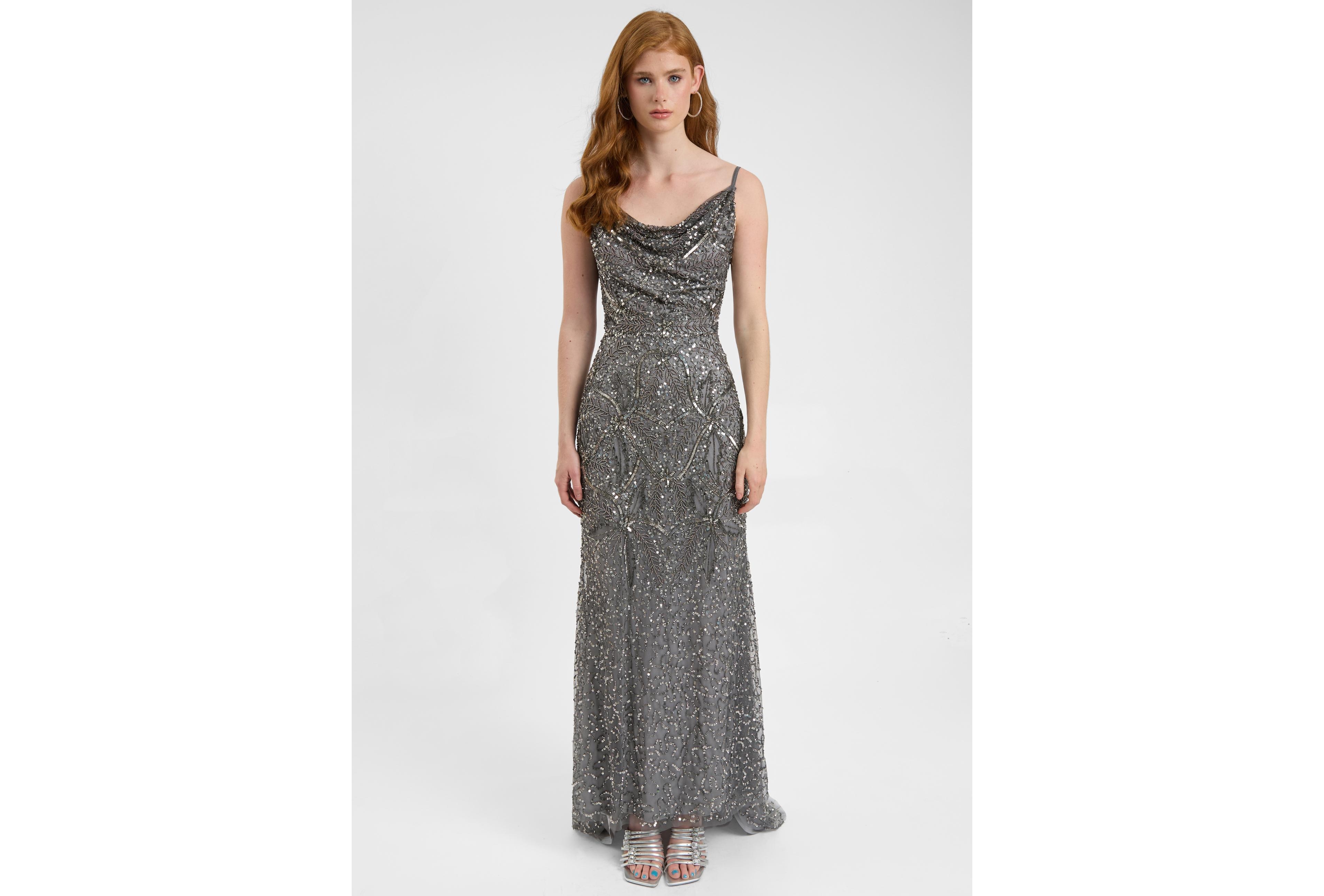 Beauut Women's Embellished Sequin Beaded Maxi Dress With Cowl Neck