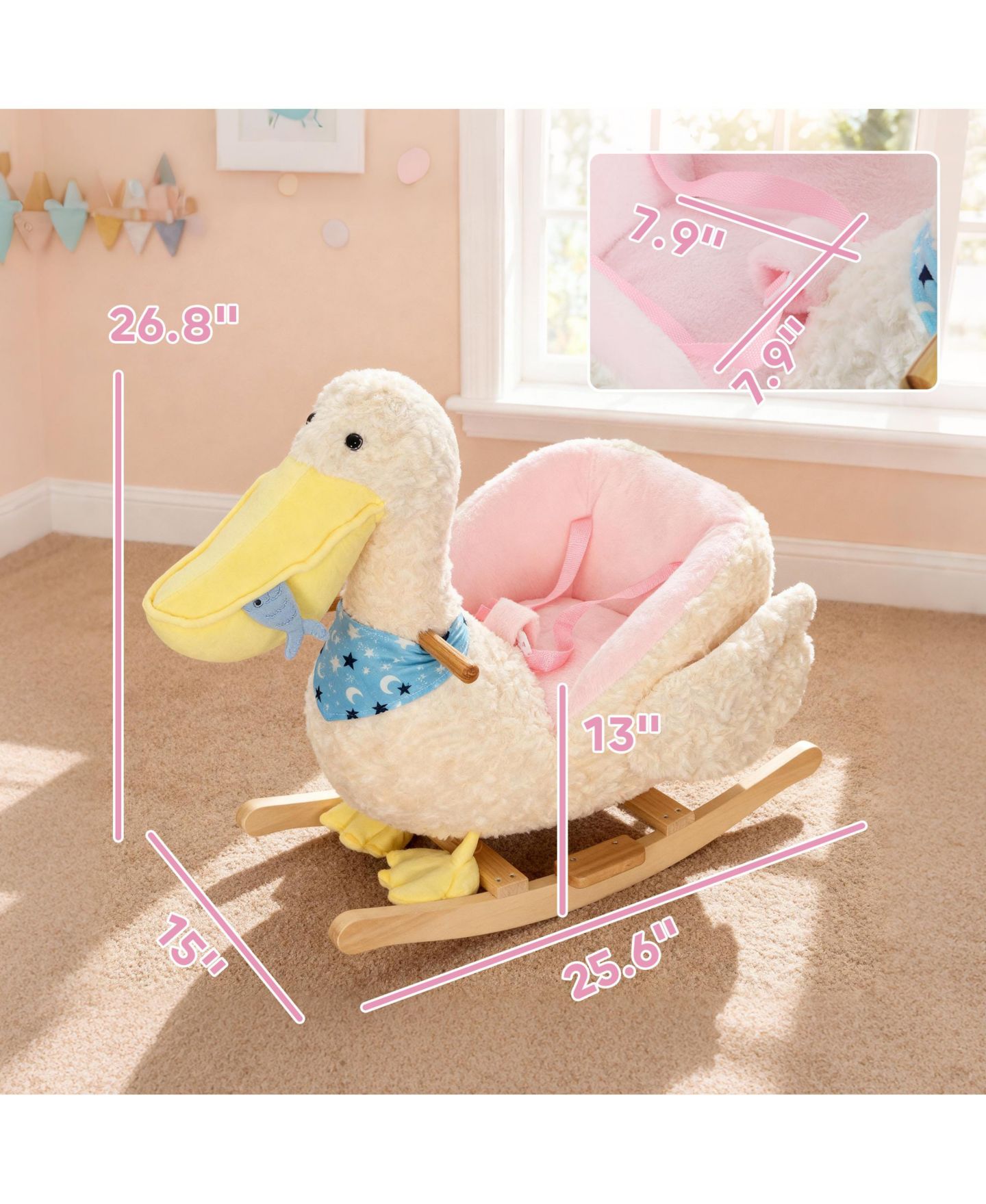 Детская игрушка Qaba Pelican Plush Rocking Horse with Duck Sounds, Holds up to 55 lbs., Ages 12+ Months, цвет: Белый — фото 3
