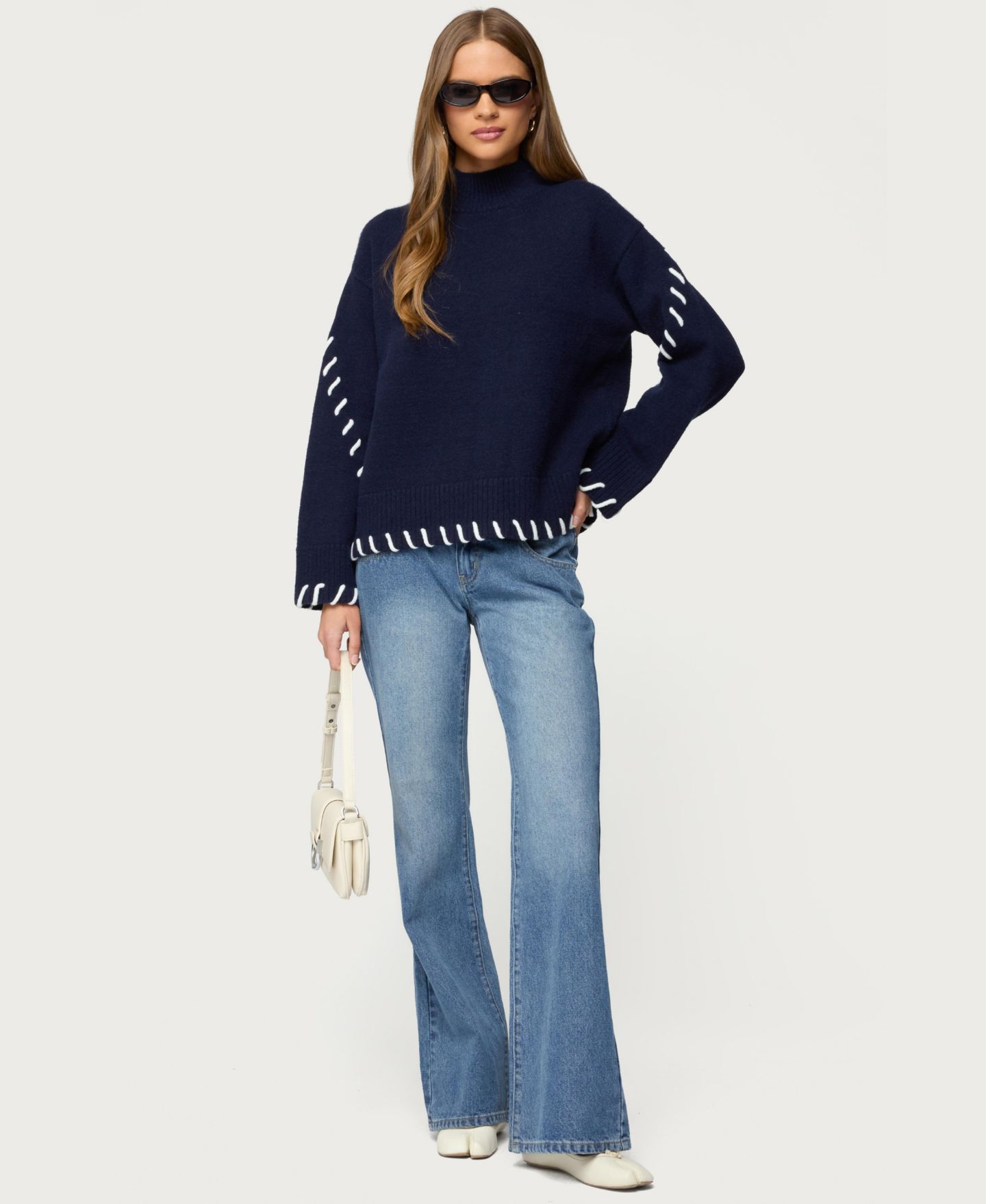 Женский свитер Edikted Indah Contrast Stitch Oversized Sweater, цвет: Тёмно-синий — фото 5