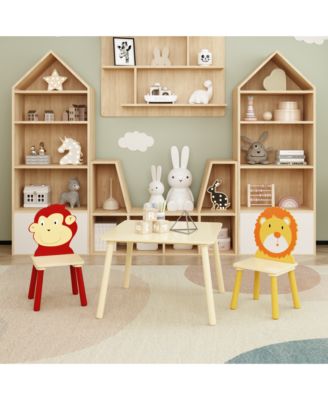 3-Piece Kids Table and Chair Set with Lion and Monkey Theme in Natural