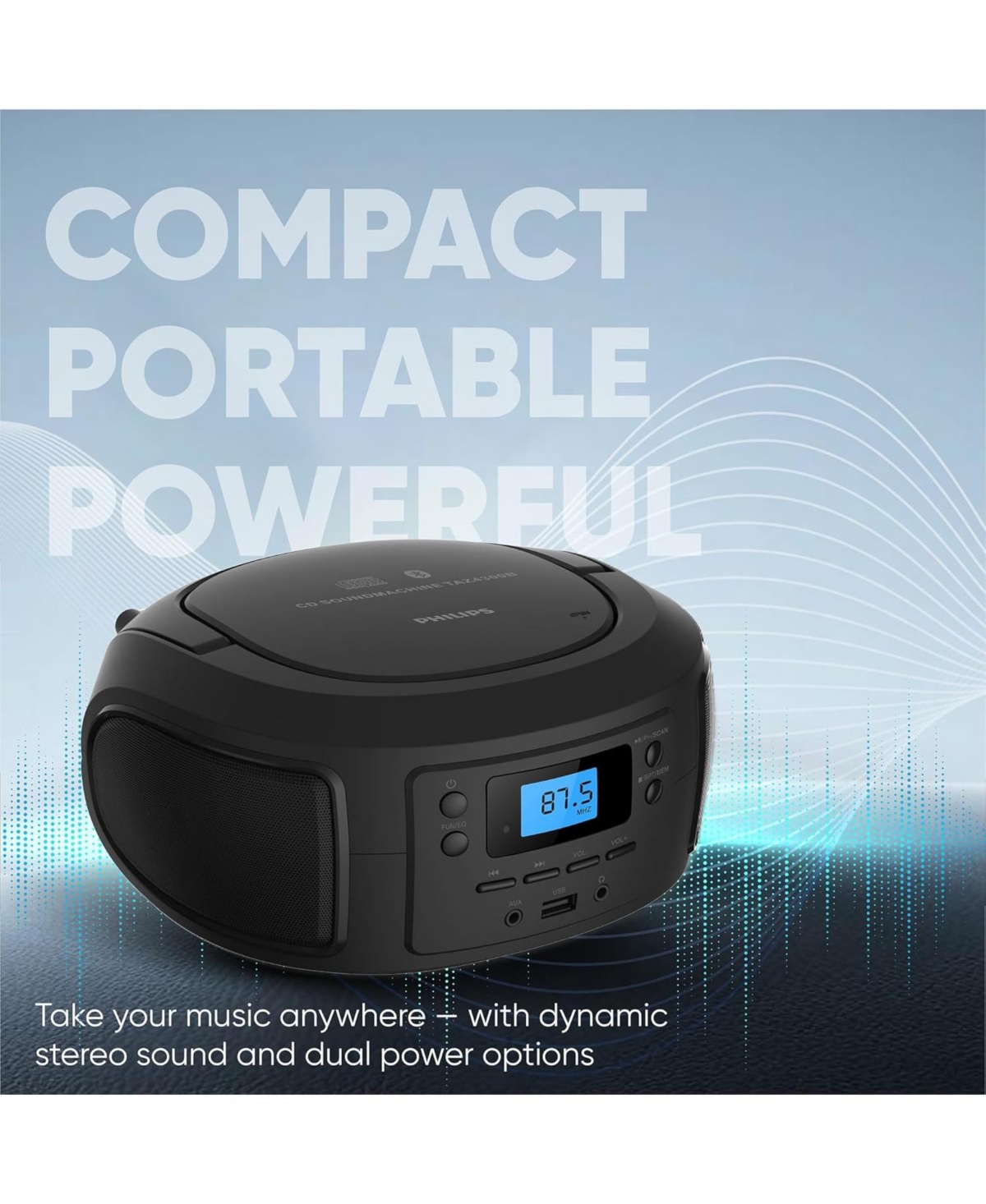 Philips Bluetooth Cd Player Boombox, Top-Loading, Dual 2.5" Speakers, Fm Radio, Usb, Aux, Cd-r/Cd-rw MP3 Playback