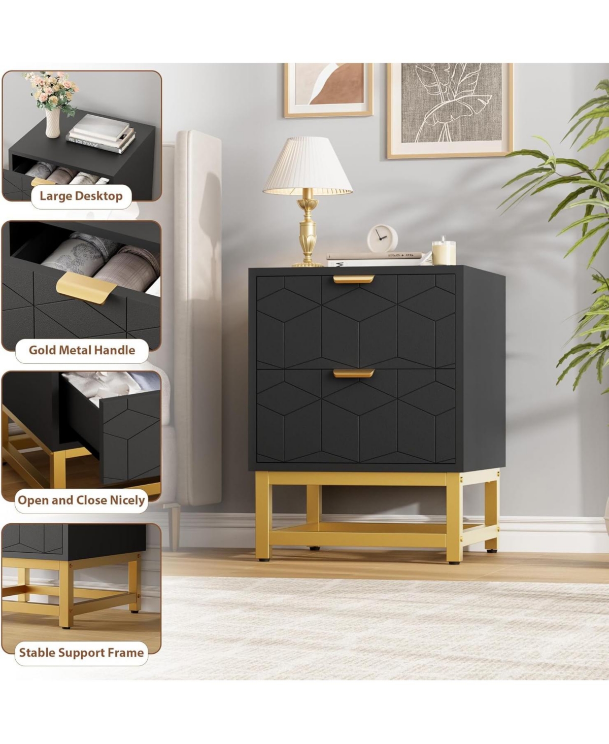 gaomon 2 Drawer Dresser, Modern Small Nightstand with Gold Handles, Wood Storage Cabinet for Bedroom, Nursery, Entryway