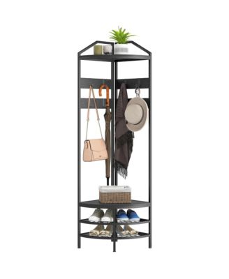 Corner Hall Tree, Coat Rack with Shoe Storage, Hooks, Shelves