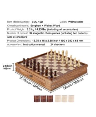 Solid Wood 15-Inch 2-in-1 Chess and Checkers Set with Storage Drawer, Weighted Pieces and Extra Queens for Adults and Kids
