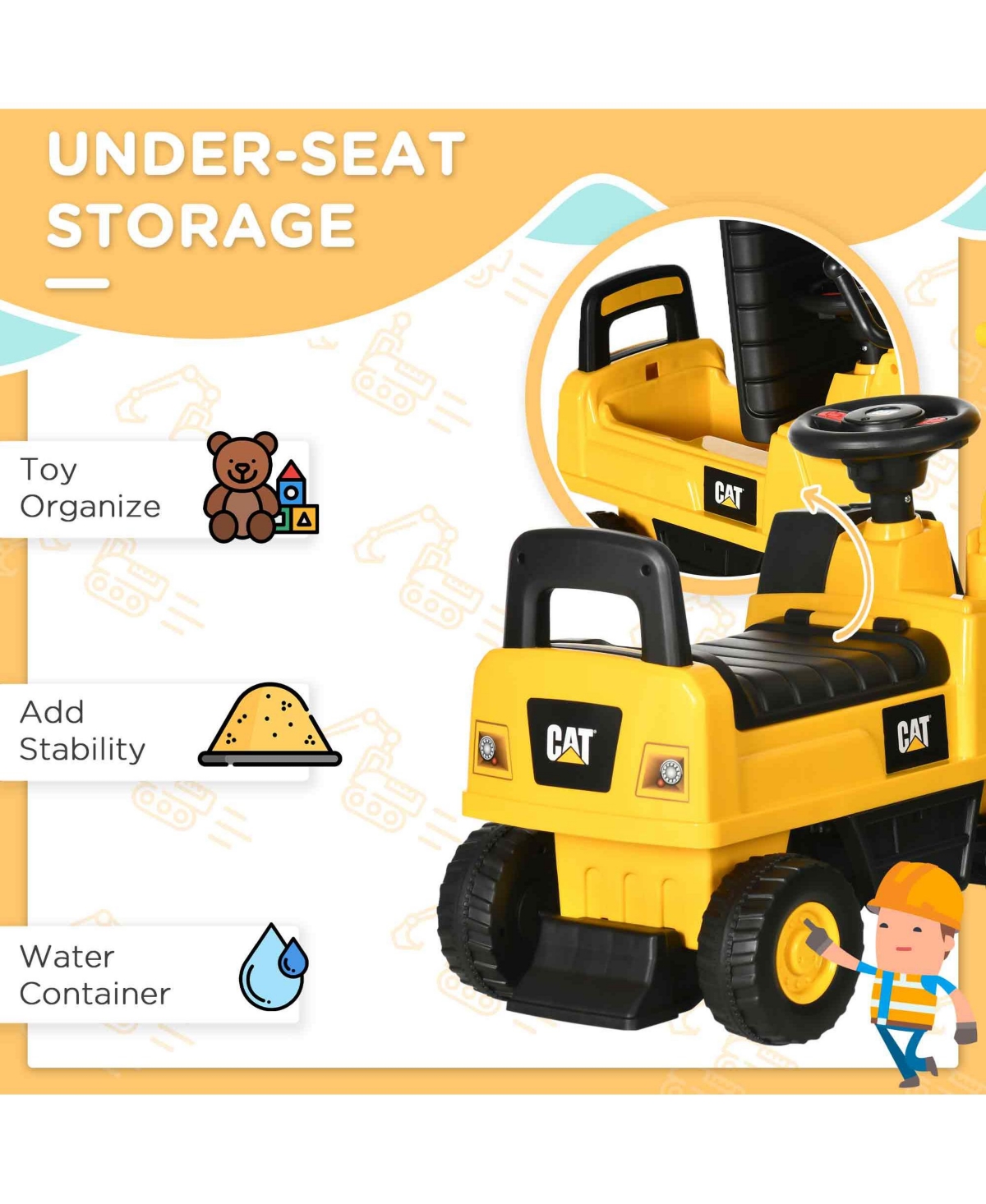 Aosom Cat Licensed Excavator Ride-on Toy for Kids w/ Manual Shovel,