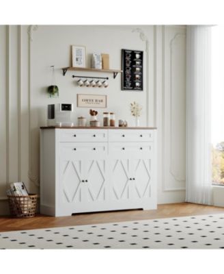 Modern Farmhouse Buffet Cabinet with Storage, Wood Large Sideboard Storage Cabinet with 4 Doors & 4 Drawers Coffee Bar.