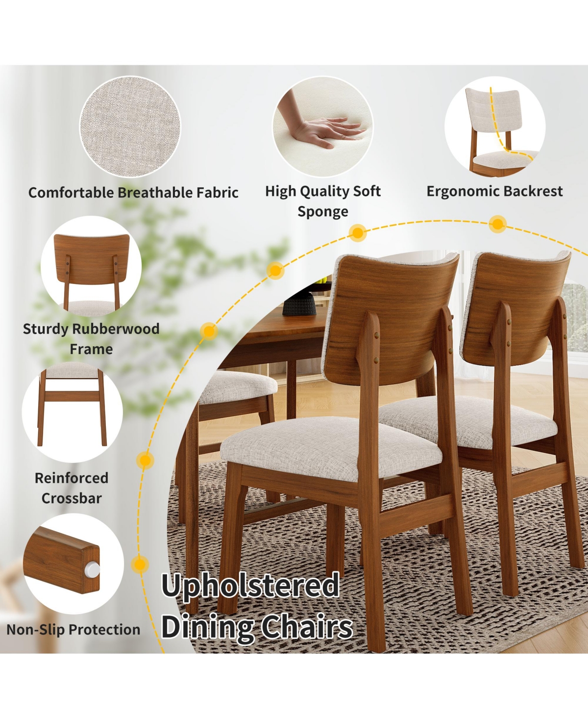 sumyeg Farmhouse Dining Set for 4 with Wood Table and 4 Upholstered Chairs