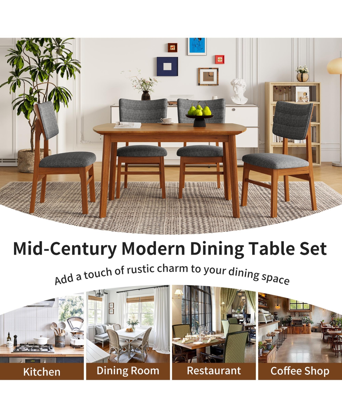 sumyeg Farmhouse Dining Set for 4 with Wood Table and Upholstered Chairs