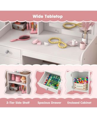 Kid Vanity Table Chair Set 2-Color LED Lights Large Drawer Shelf Cabinet