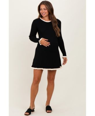 Maternity Black Ribbed Knit Contrast Ruffle Trim Mini Dress