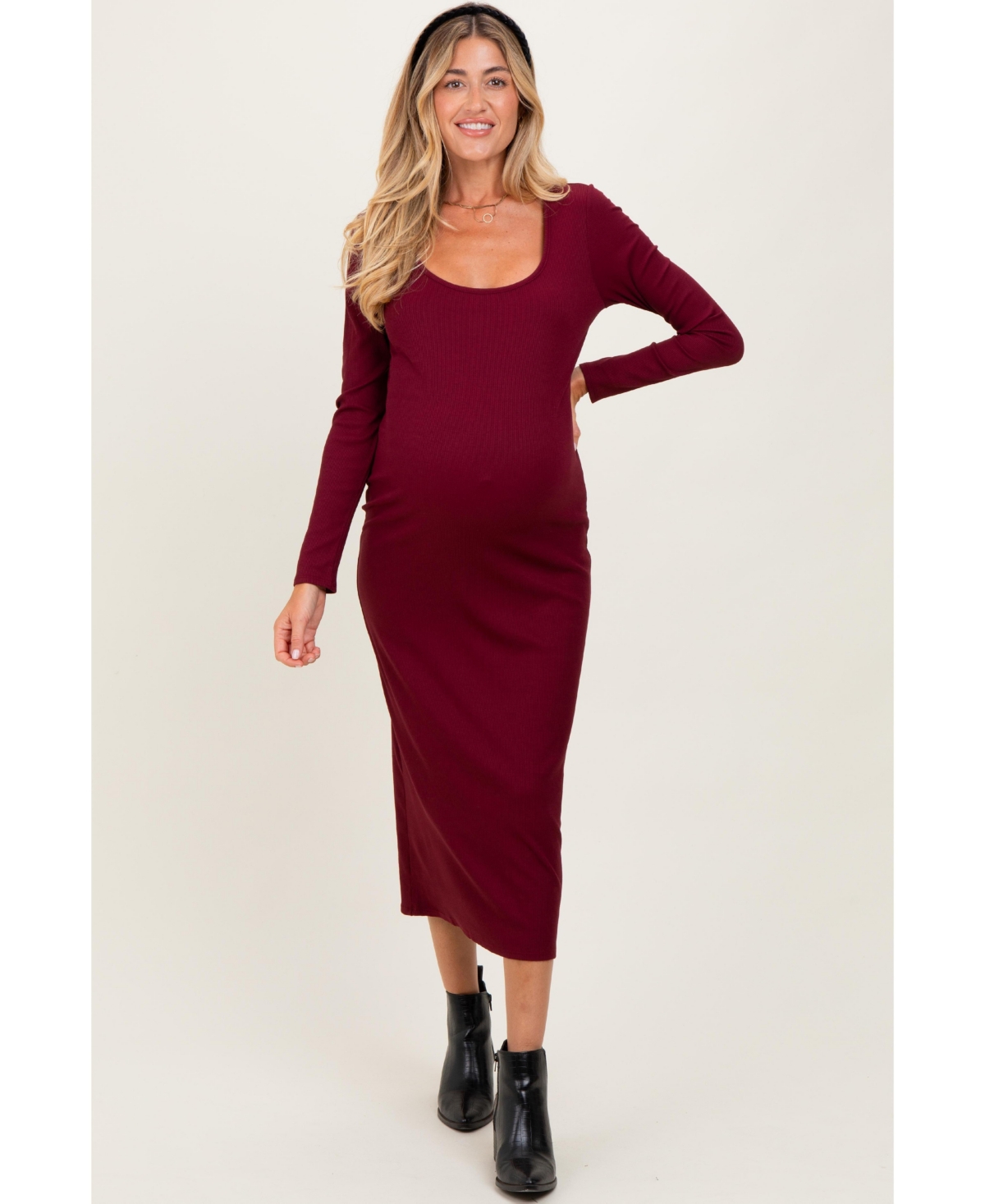 Pinkblush Maternity Burgundy Scoop Neck Long Sleeve Midi Dress