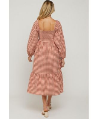 Maternity Rust Gingham Long Sleeve Midi Dress