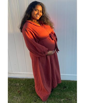 Maternity Blue Gauze Belted Shirt Midi Dress