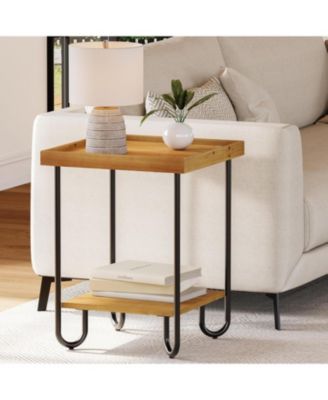 Solid Wood Square End Table, Sofa Side Table with 2-Tier Storage Shelf for Living Room, Easy Assembly