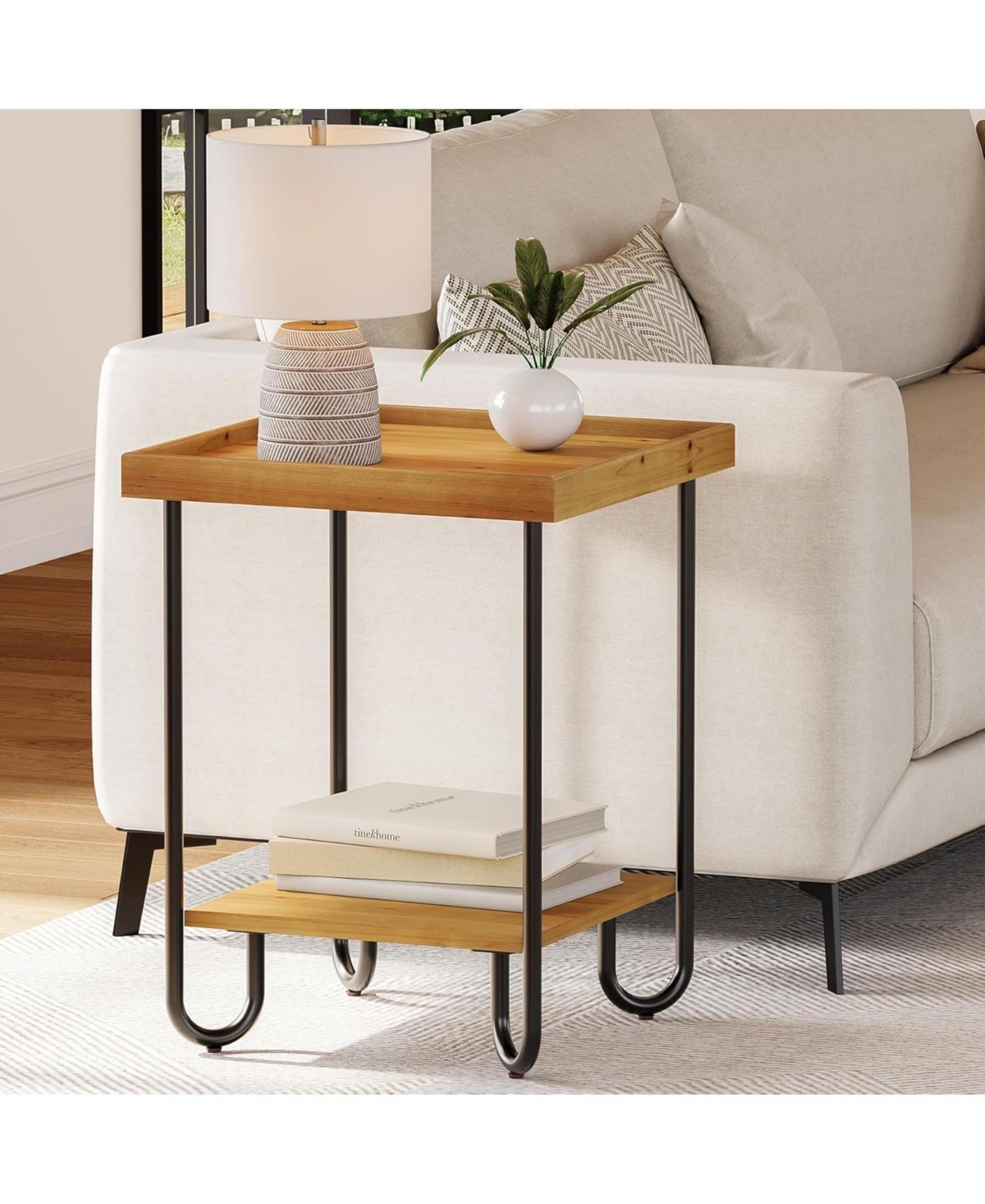 Tribesigns Solid Wood Square End Table, Sofa Side Table with 2-Tier Storage Shelf for Living Room, Easy Assembly
