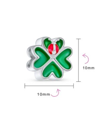 Set of 2 Love Grows Red Flower Heart Dangle & 3D Red Lady Bug Green Heart Clover Charm Bead Enamel Sterling Silver