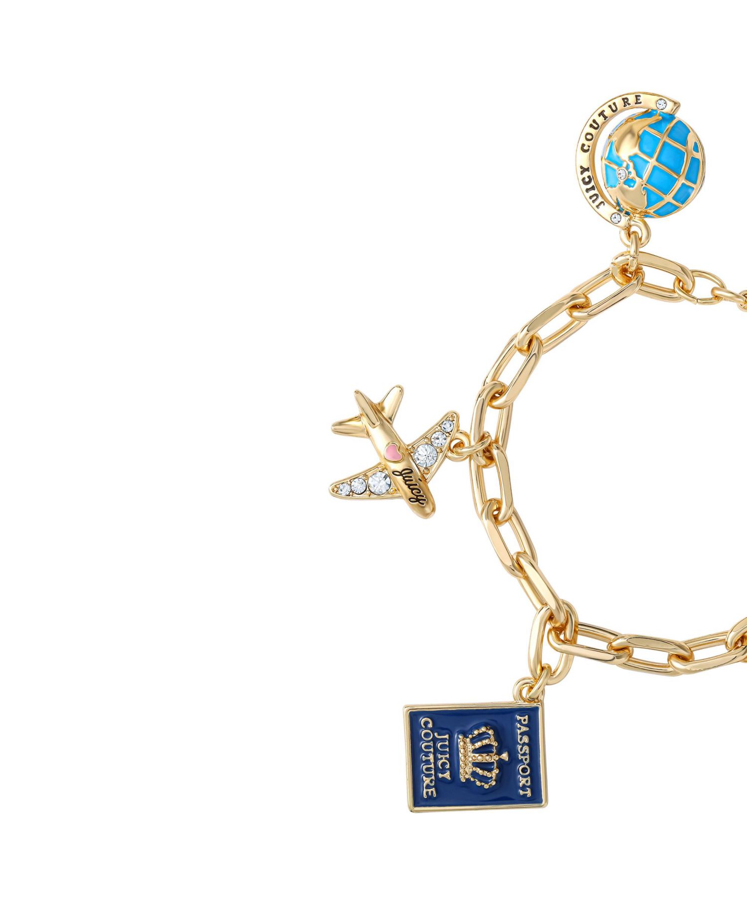 Travel Icons Charm Bracelet, Gold Tone with Blue and Pink Enamel