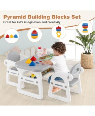 3-Piece Kids Table and Chair Set Toddler Activity Study Desk with Building Blocks