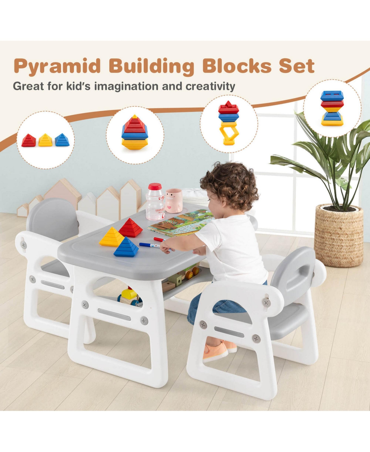 Costway 3-Piece Kids Table and Chair Set Toddler Activity Study Desk with Building Blocks