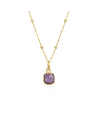 Amethyst Square Pendant Necklace With Beaded Chain in Sterling Silver