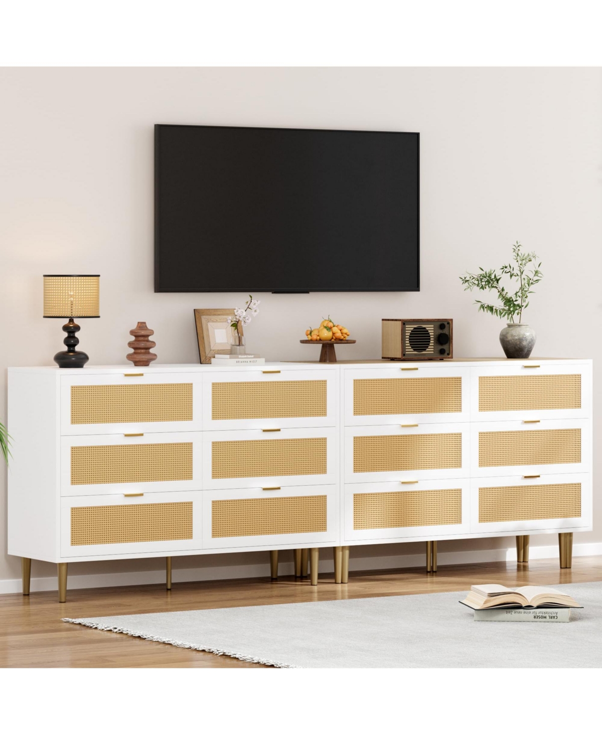Gaomon Natural Rattan 6-Drawer Dresser with Gold Legs & Handles, Wide Storage Chest, Anti-Tip Design for Bedroom or Living Room.