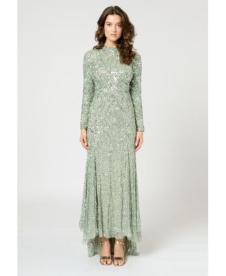 Women's Modest Embellished Sequin Beaded Maxi Trail Dress