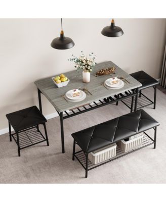 Dining Table Set for 4 with Benche/Stools Kitchen Table Set with Storage Shelves Dining Table Set