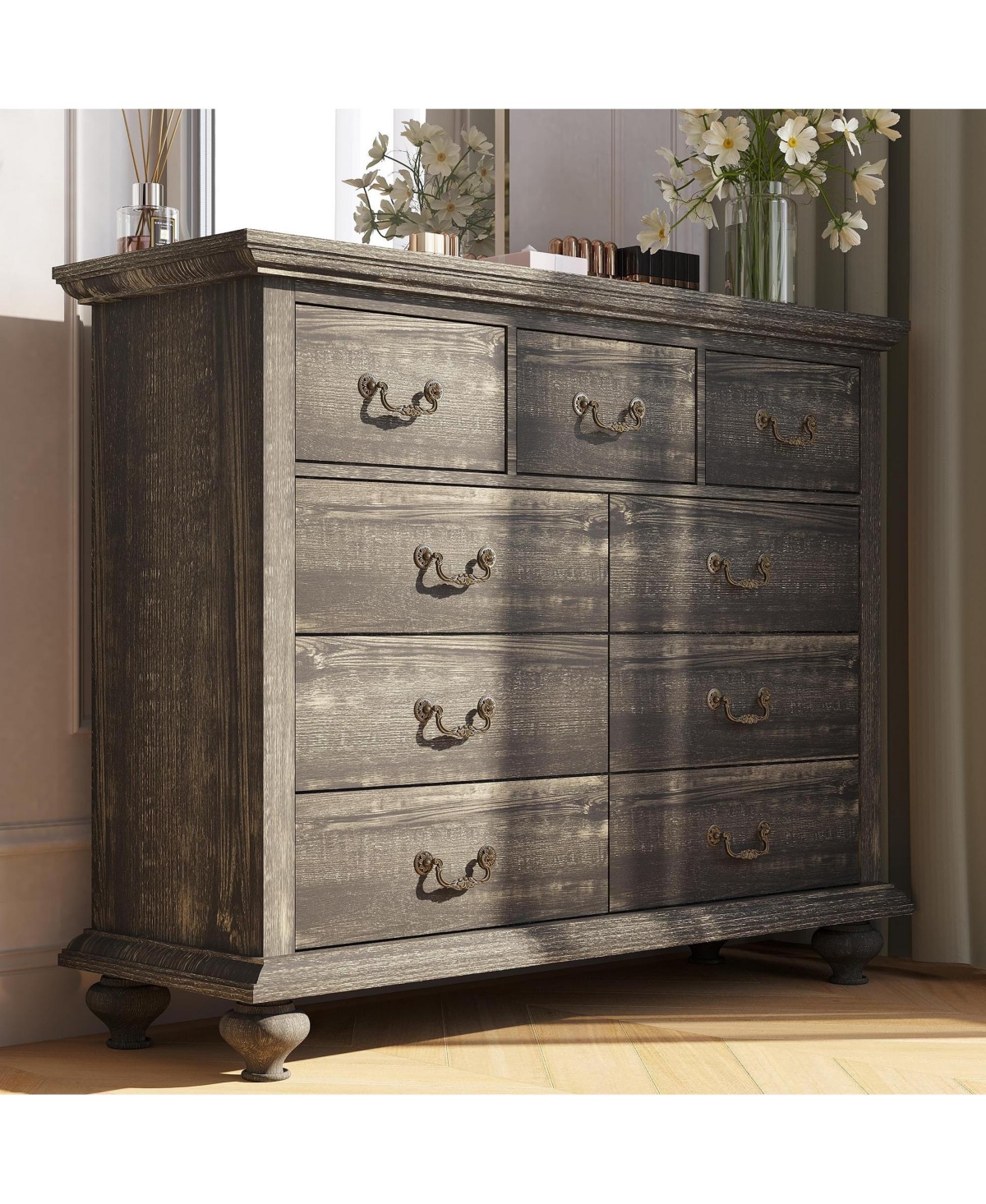 gaomon Dresser for Bedroom, Dressers & Chests of Drawers with 9 Wide Drawers, Tall Dresser with Ornately Carved Metal Handles