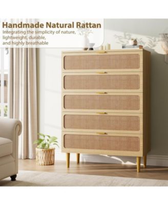 Black Rattan 5-Drawer Bedroom Dresser, Deep-Drawer Horizontal Chest, Modern Wood Storage for Living Room Hallway Kids Room