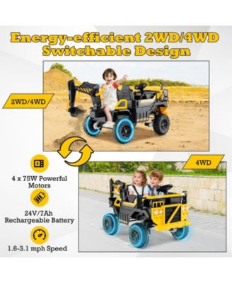 24V 4WD Ride-On Excavator for Kids with Remote Control and Digging Arm - Yellow