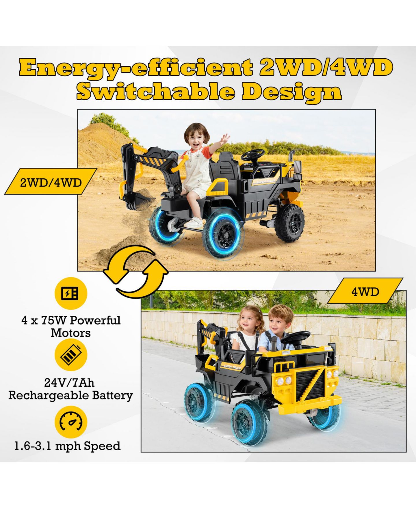 Детская игрушка HONGGE 24V 4WD Ride-On Excavator with Motorized Digging Arm and Remote Control, 2-Seater, Ages 3-8, цвет: Жёлтый чёрный — фото 7