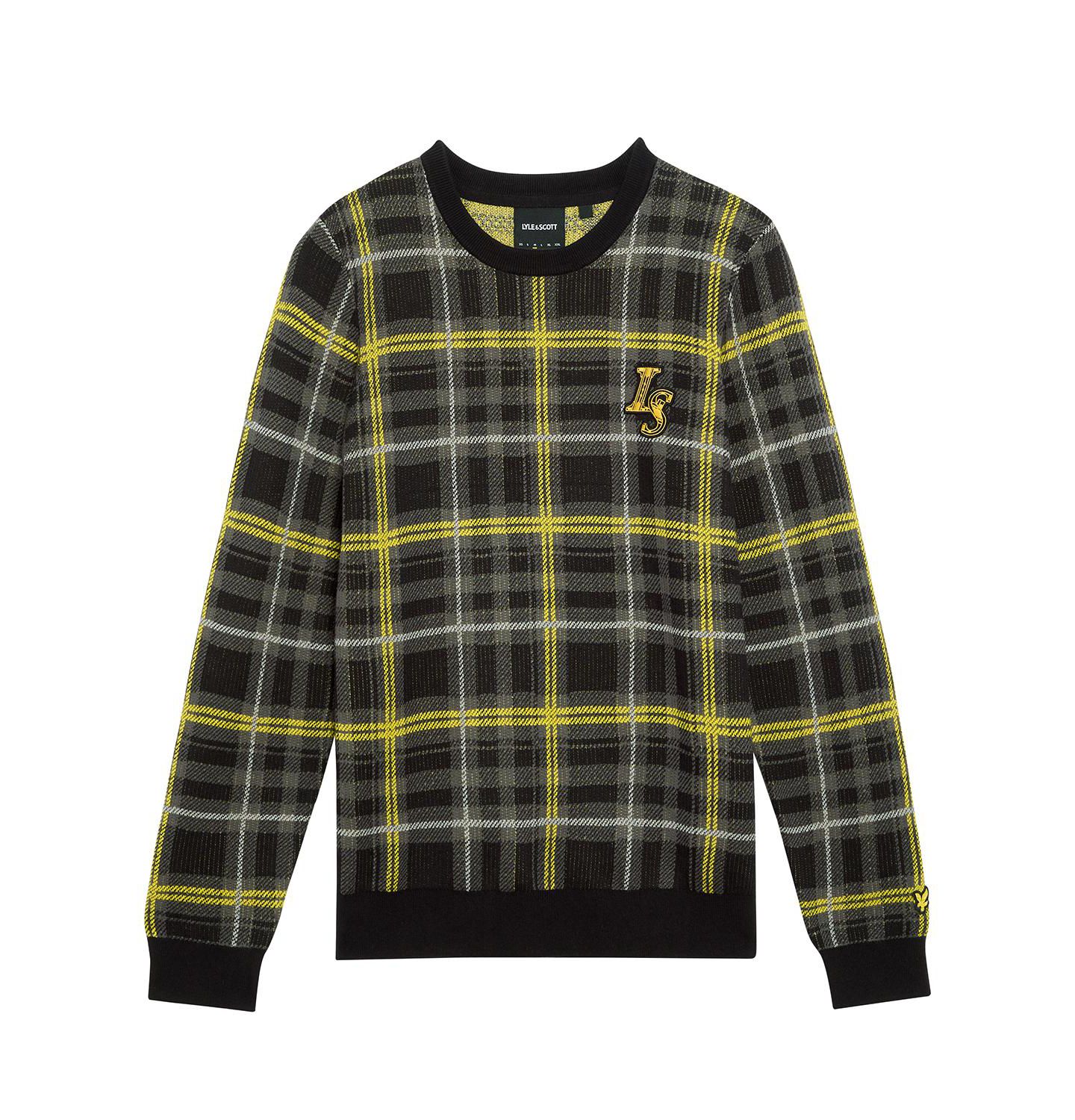 Мужской джемпер Lyle & Scott в рубчик с жаккардом в шотландскую клетку, круглый вырез, цвет: Угольно-чёрный — фото 2