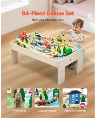 Train Table, 84 PCS Wooden Activity Table with Collapsible Bin, 3-in-1 Train Set for Playing, Drawing & Reading, Toy for Kids 3