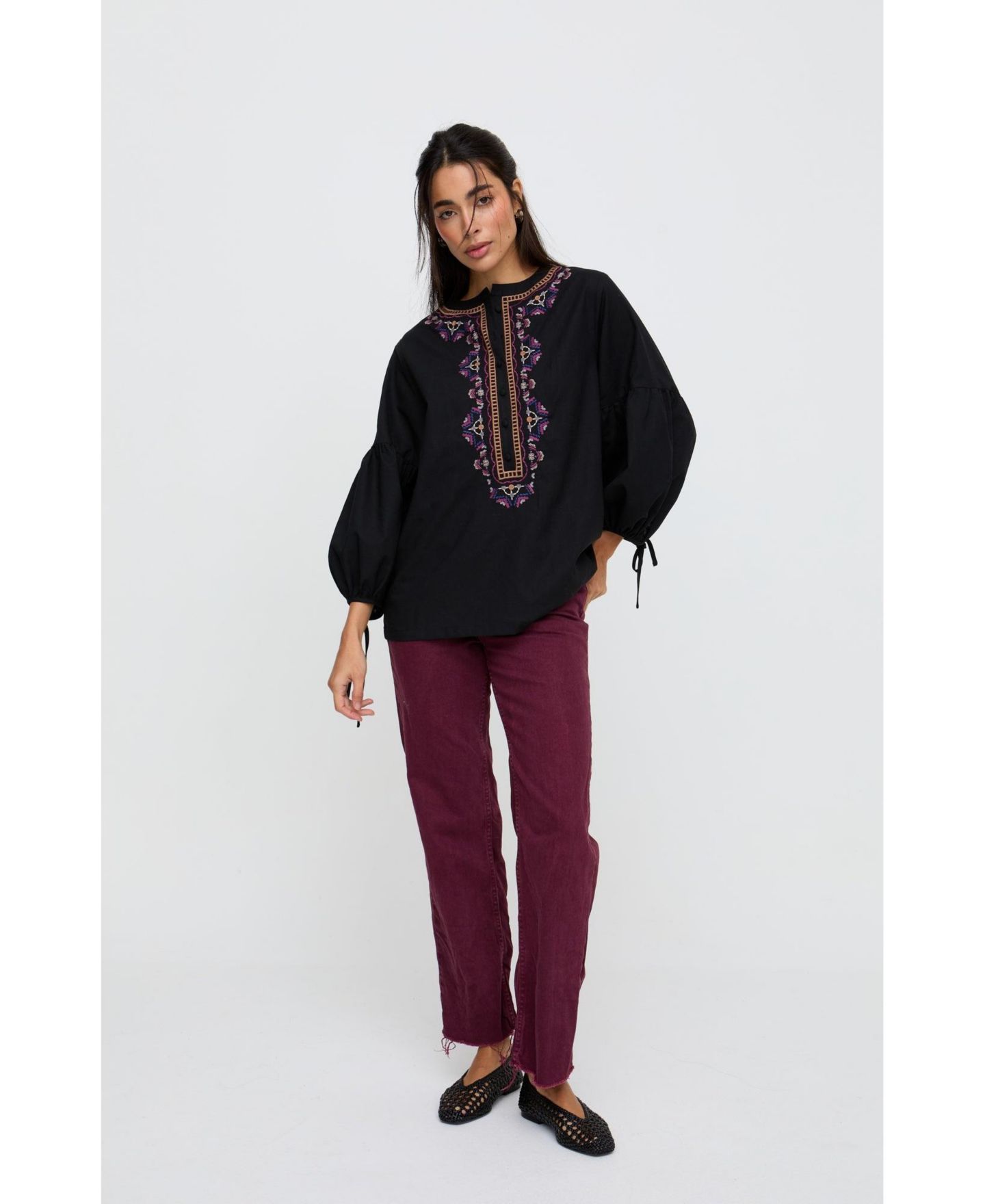 Женская блузка Raffya Anai Half Placket Embroidered, цвет: Чёрный — фото 6