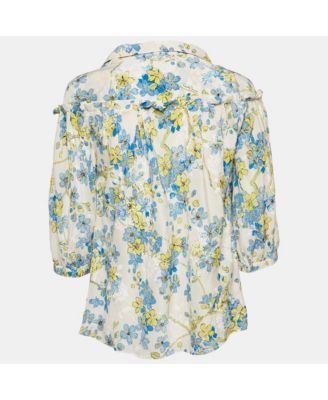 Women's White/blue Floral Print Silk Ruffled Blouse