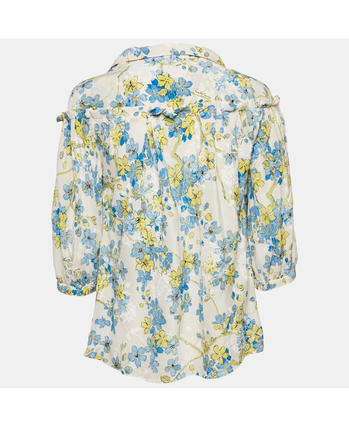 Pre-Owned Roberto Cavalli Women's White/blue Floral Print Silk Ruffled Blouse