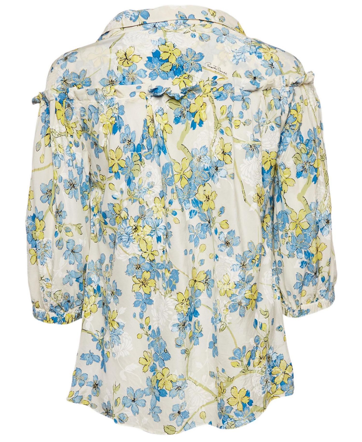 Women's White/blue Floral Print Silk Ruffled Blouse