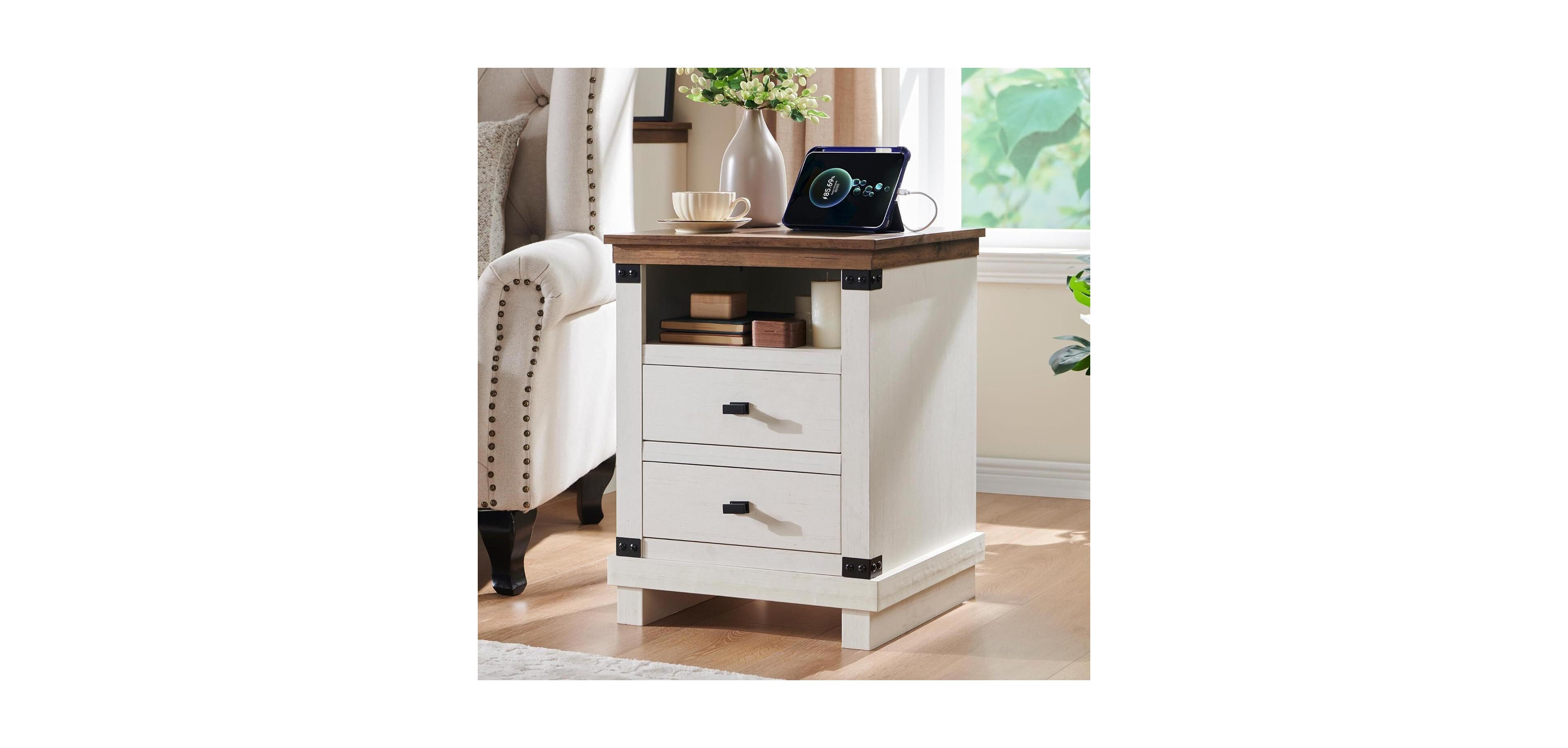 Gaomon Farmhouse Nightstand w/ Charging Station, 18" Rustic End Table w/ 2 Storage Drawers, Antique White, Bedroom Accent Piece