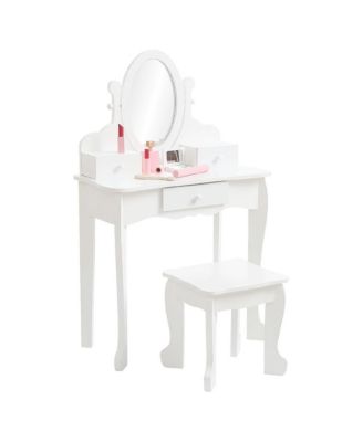 Adjustable Mirror Kids Vanity Set with Stool and Storage Drawers – Wooden Princess Makeup Dressing Table for Ages 4–9