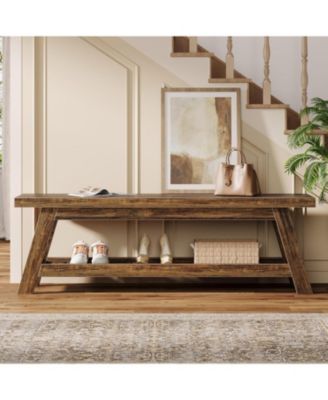 55" Wood Entryway Bench with Shoe Storage, Large 2-Tier Narrow Hallway Foyer Seating Bench
