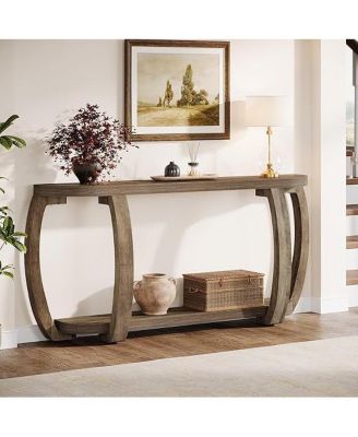 Farmhouse Wooden Console Table with Open Shelf, 63-Inch Long Sofa Entryway Table with Curved Legs for Living Room, Hallway, Entrance