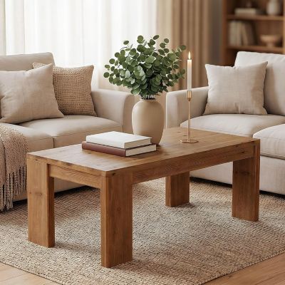 Solid Wood Coffee Table, 47-Inch Wooden Center Tables with Rounded Corners, Rectangular Living Room Table