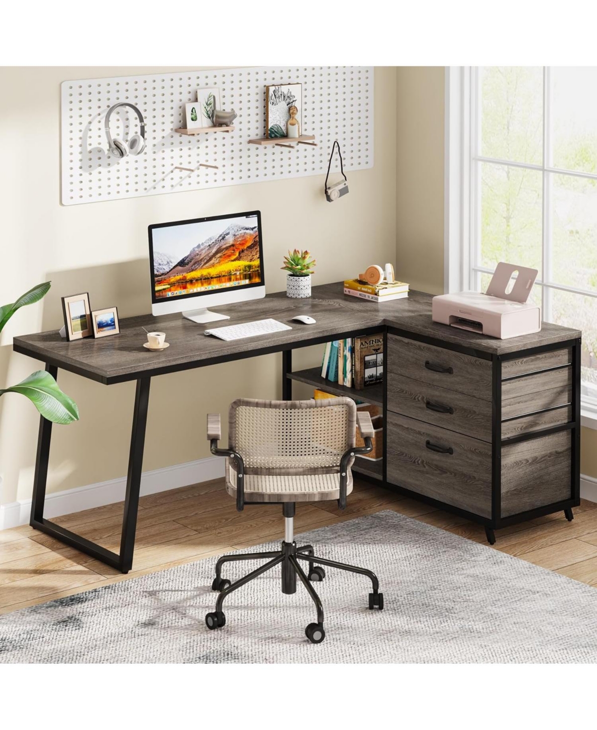Tribesigns 53" W × 19.7" Wood L-Shaped Desk with 3 Drawers, Reversible Corner Home Office Computer Shelves