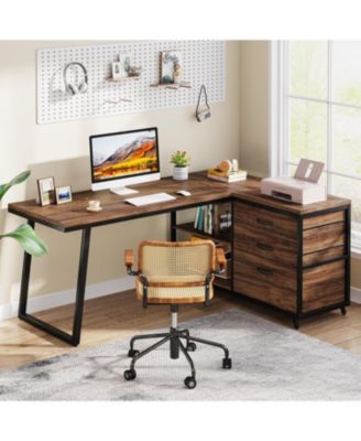 53" W × 19.7" Wood L-Shaped Desk with 3 Drawers, Reversible Corner Home Office Computer Desk with Shelves