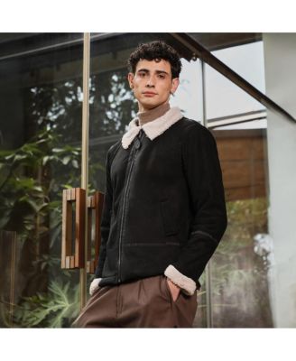 Men's Midnight Black Contrast Sherpa-Lined Suede Rider Jacket