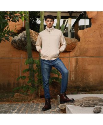 Men's Cream White Contrast Sherpa-Lined Suede Bomber Jacket