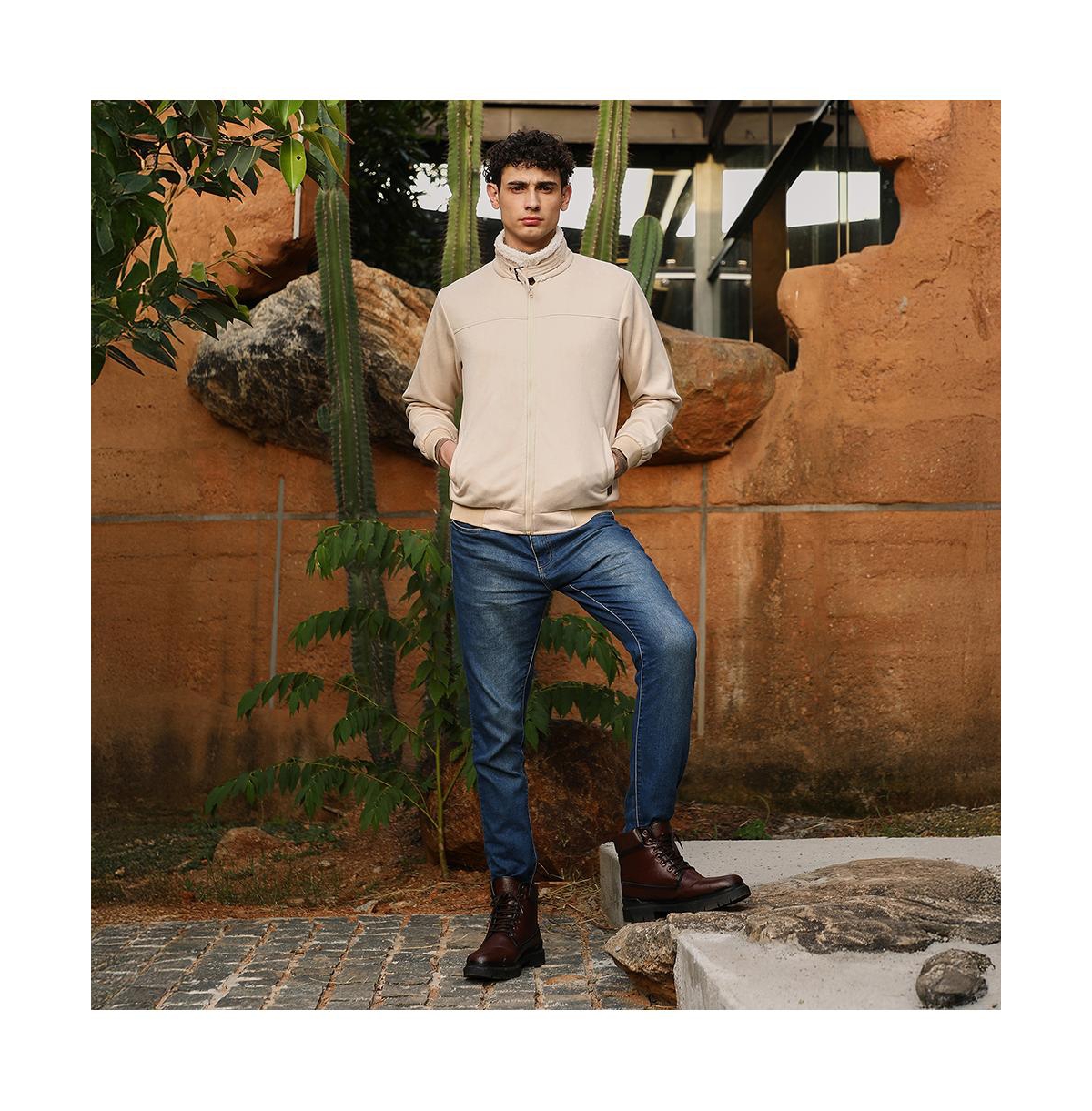 Campus Sutra Men's Cream White Contrast Sherpa-Lined Suede Bomber Jacket