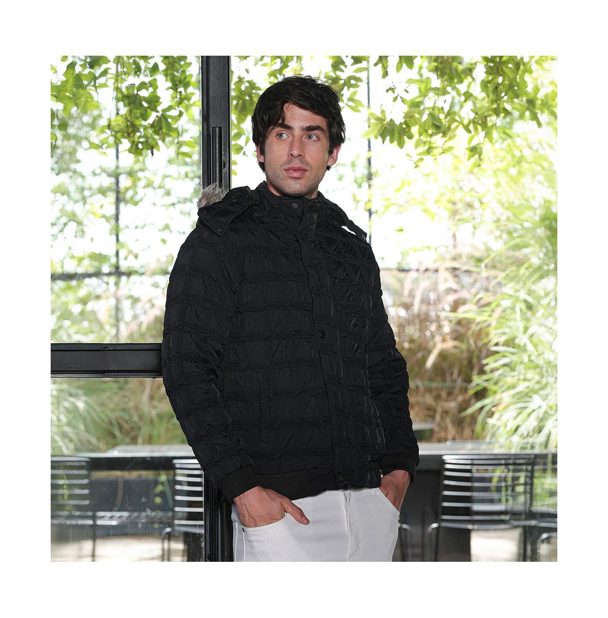 Campus Sutra Men's Obsidian Black Grid-Tactile Puffer Jacket